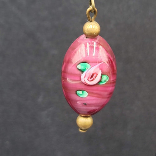 Art Glass Bead Pierced Earrings Bronze tone Pink Flower Dangle 1.25"