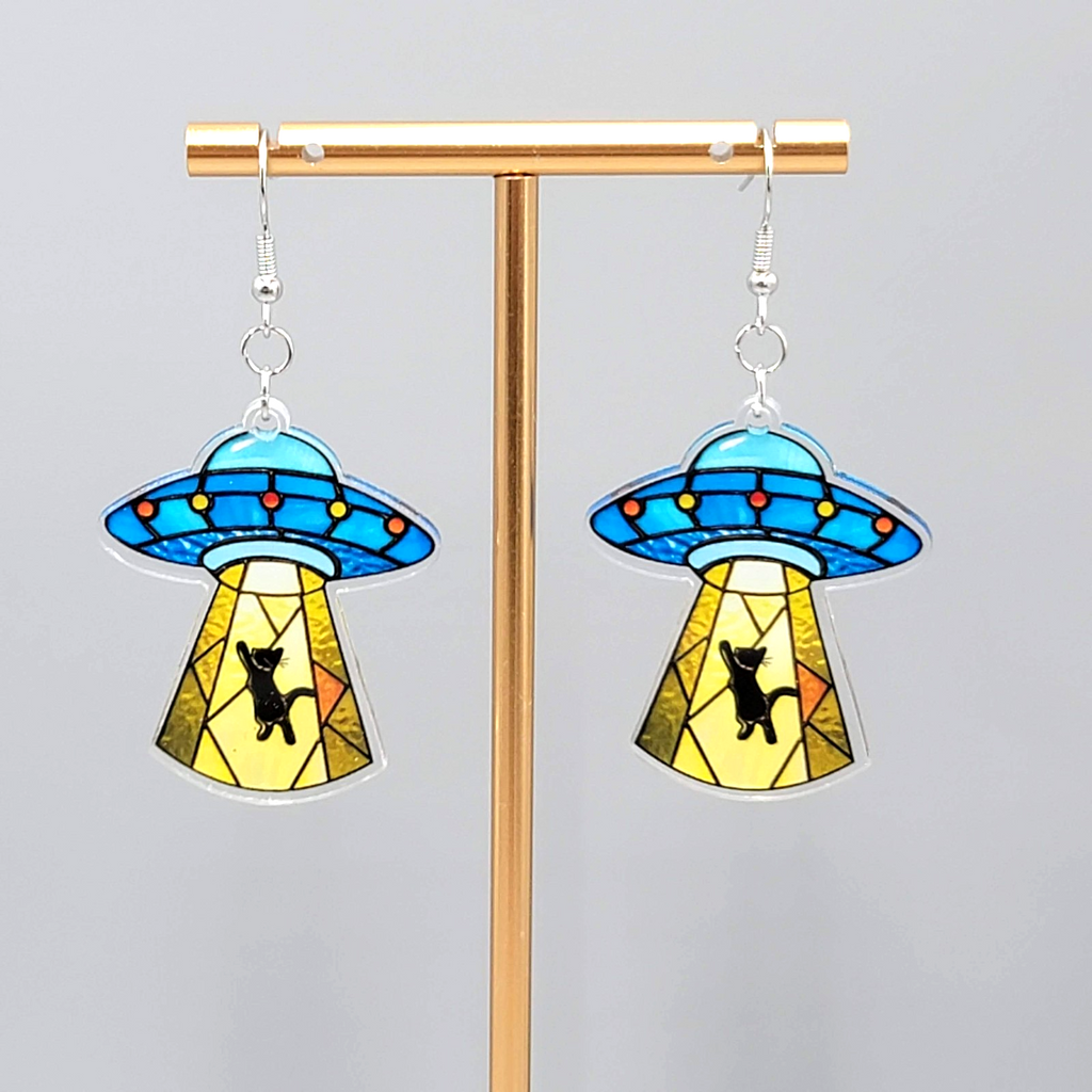 UFO Beam Black Kitty Cat Dangle Pierced Earrings Silver tone New 1.75"