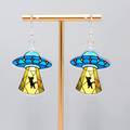 UFO Beam Black Kitty Cat Dangle Pierced Earrings Silver tone New 1.75"