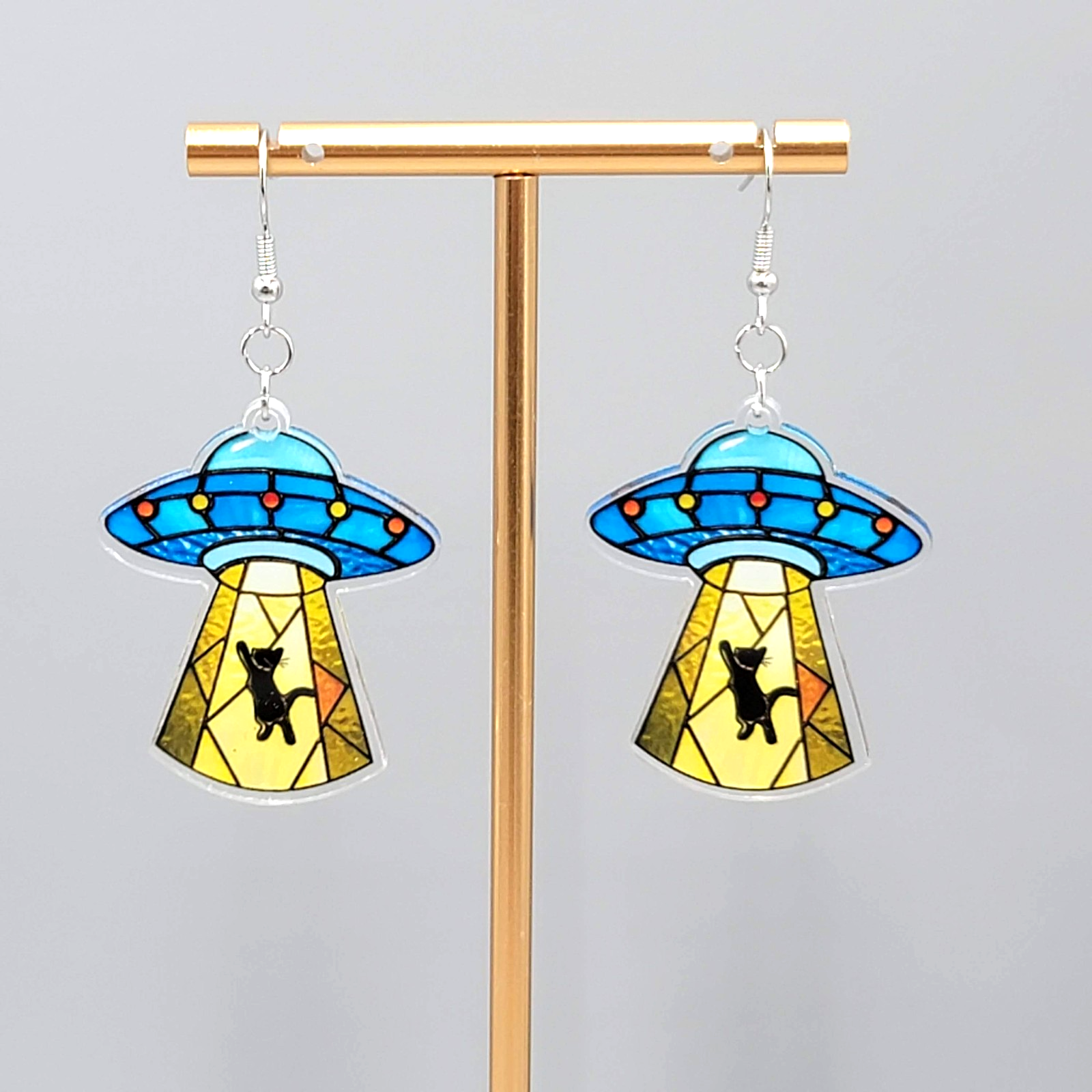 UFO Beam Black Kitty Cat Dangle Pierced Earrings Silver tone New 1.75"