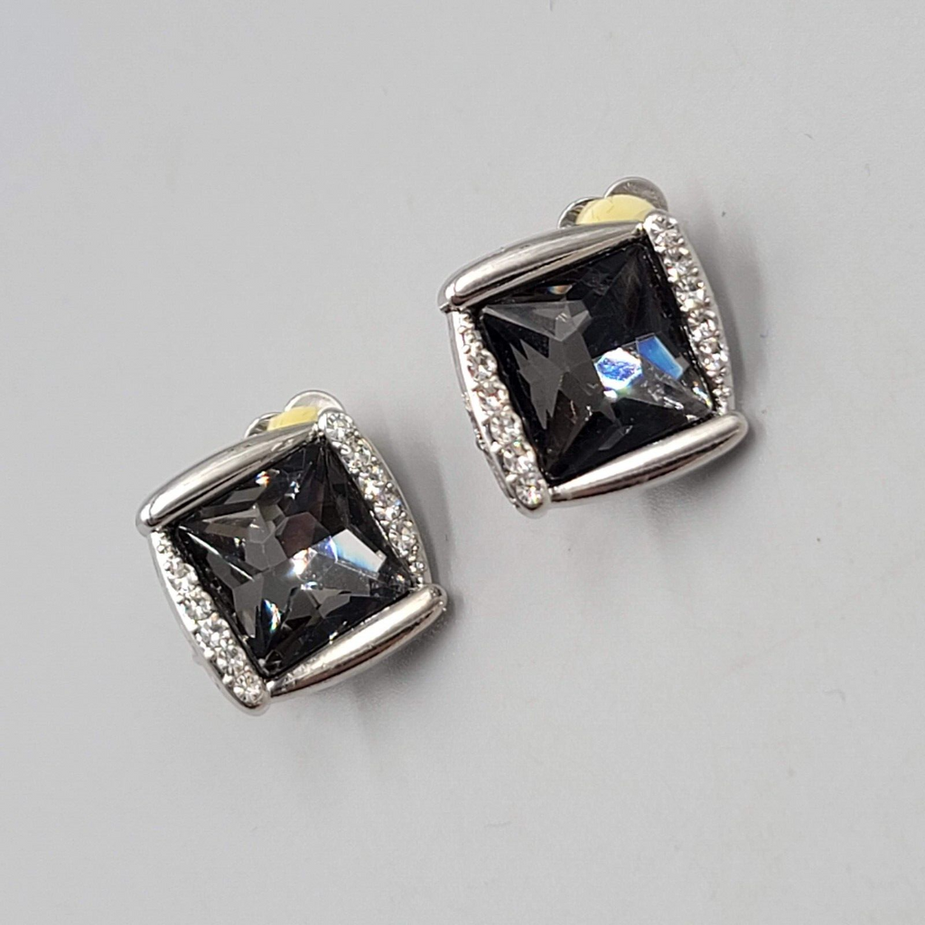 Smokey Gray Square Rhinestone Clip on Earrings Silver tone Stud 7/8"