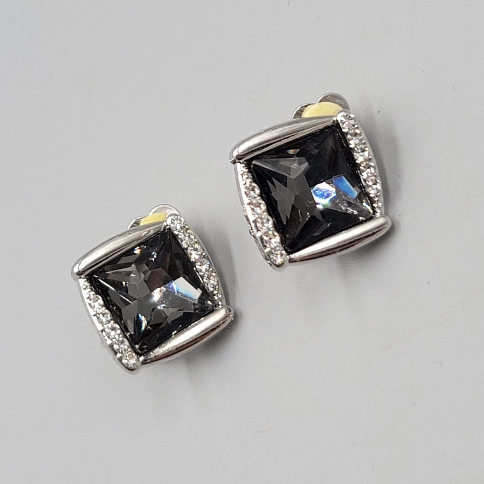 Smokey Gray Square Rhinestone Clip on Earrings Silver tone Stud 7/8"