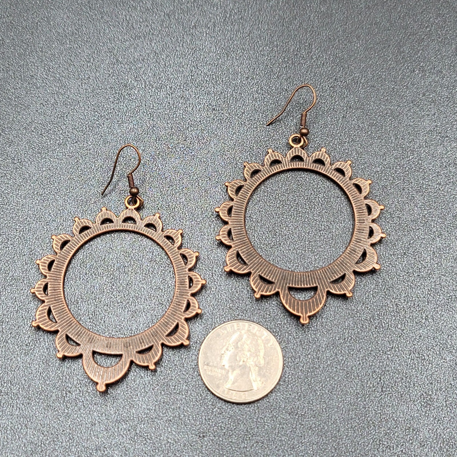 Boho Pierced Earrings Bronze tone Hoop Dangle 2.25"