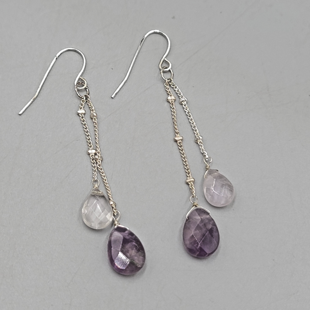 Quartz Amethyst Teardrop Pierced Earrings Silver tone Dangle  2 in
