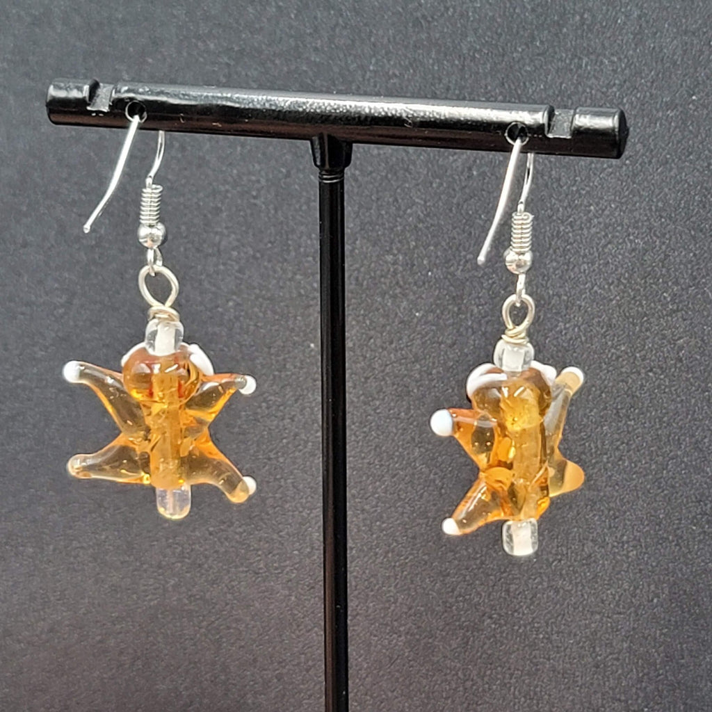 Art Glass Pierced Earrings Gingerbread Star Men Dangle 1"