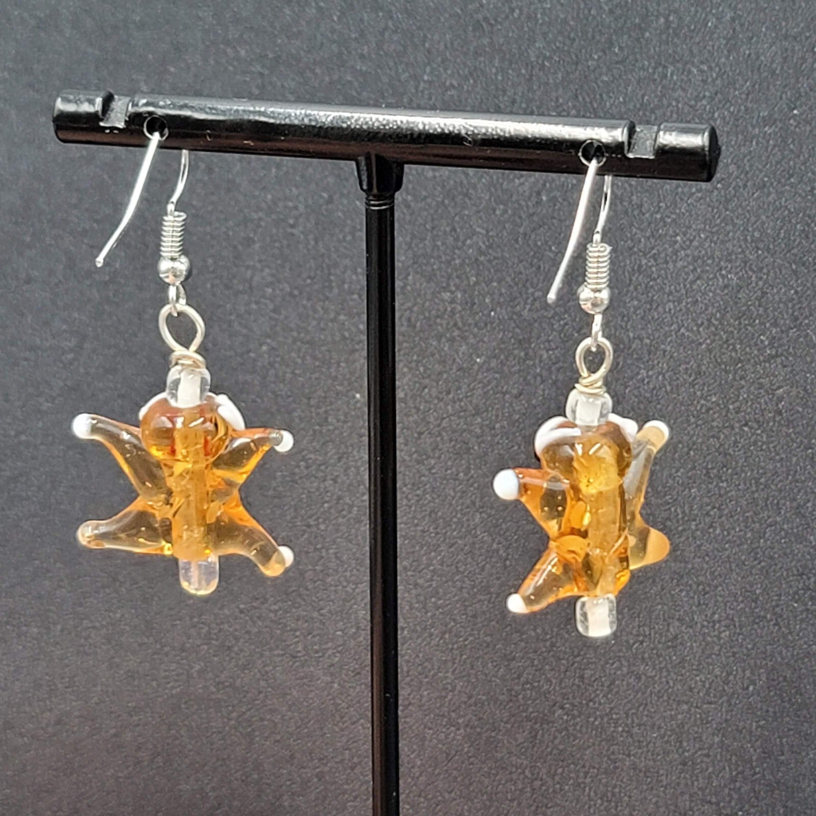 Art Glass Pierced Earrings Gingerbread Star Men Dangle 1"