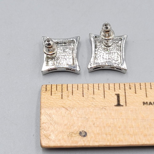 Crystal Square Studs Pierced Earrings Silver tone 1/2 in