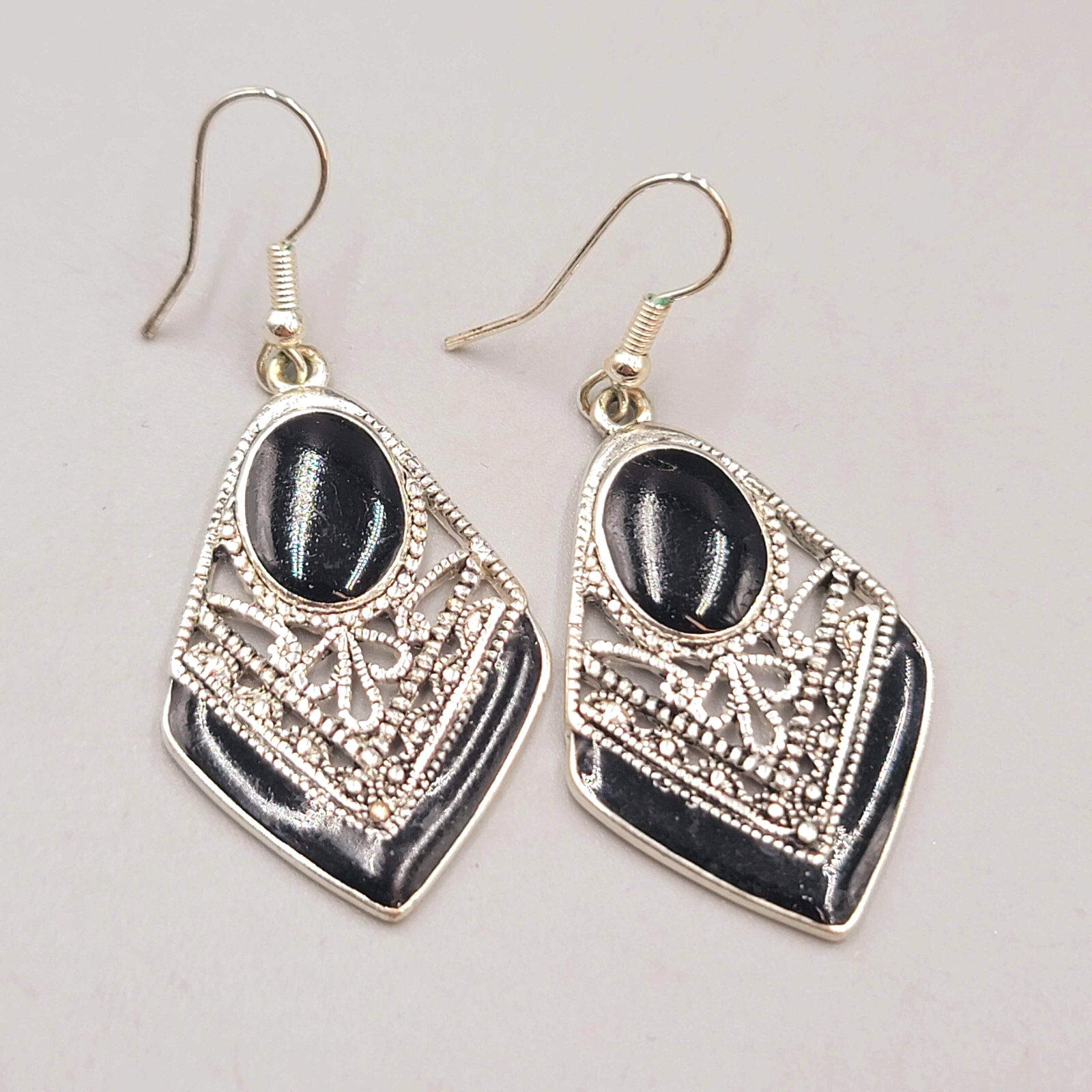 Pierced Earrings Silver tone Dangle Black Enamel Filigree 1.5"