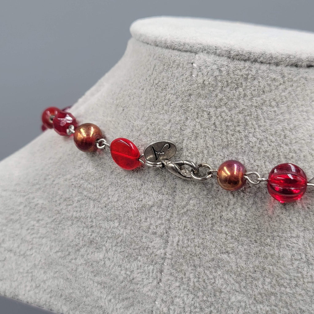 Ann Pedan Red Art Glass Bead Necklace Silver tone Long 26 in