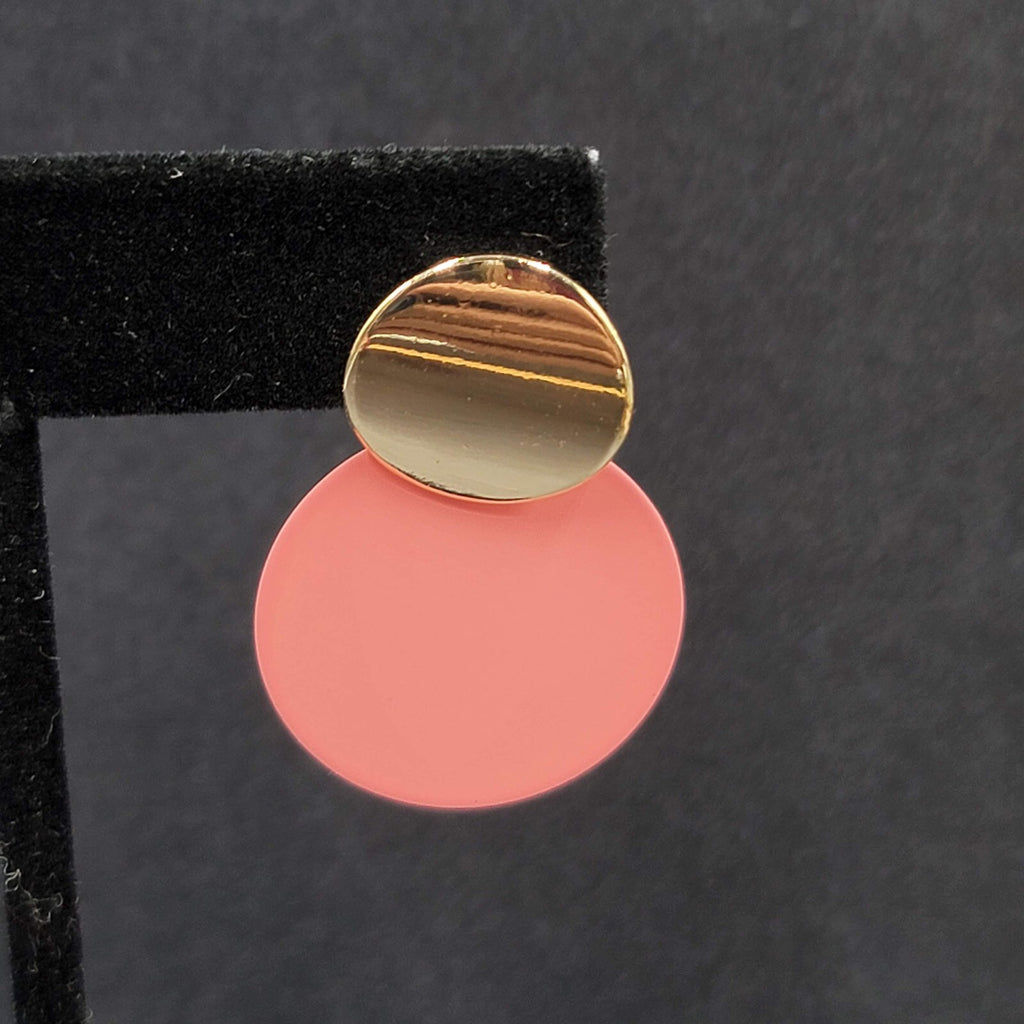 Pierced Earrings Gold tone Matte Pink Enamel Disc Dangle 1.25"