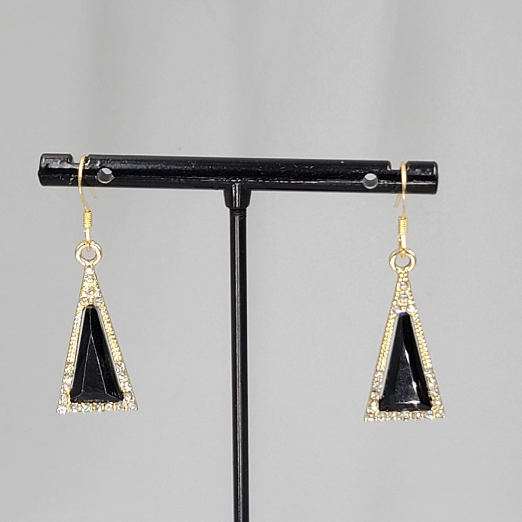Triangle Black Rhinestone Pierced Earrings Gold tone Dangle 7/8"