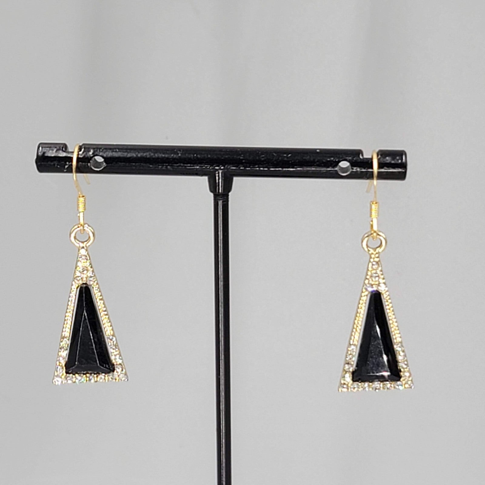 Triangle Black Rhinestone Pierced Earrings Gold tone Dangle 7/8"