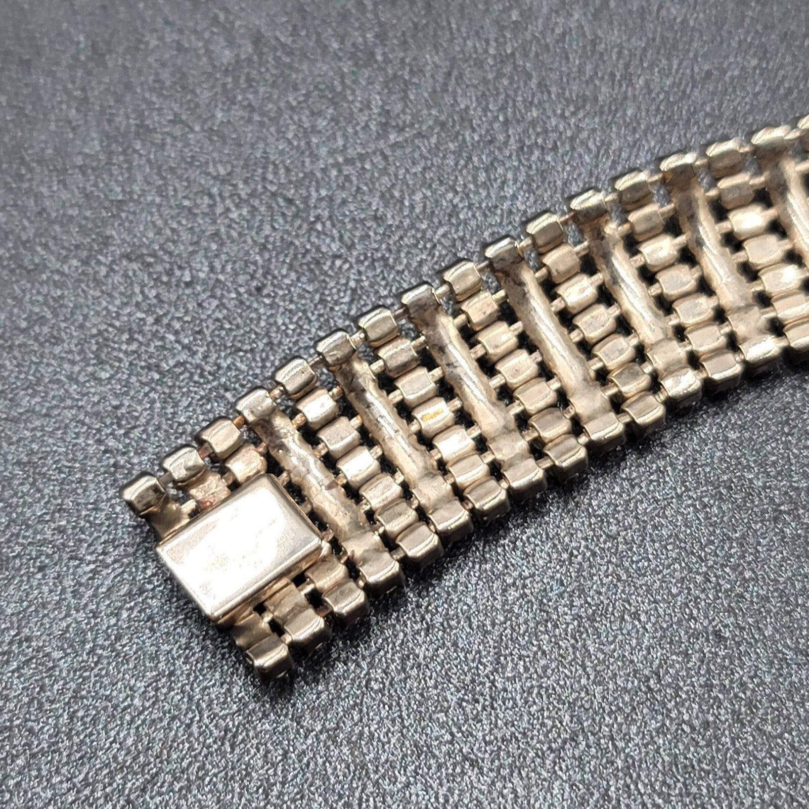 Vintage Wide Rhinestone Bracelet Silver tone 7 in