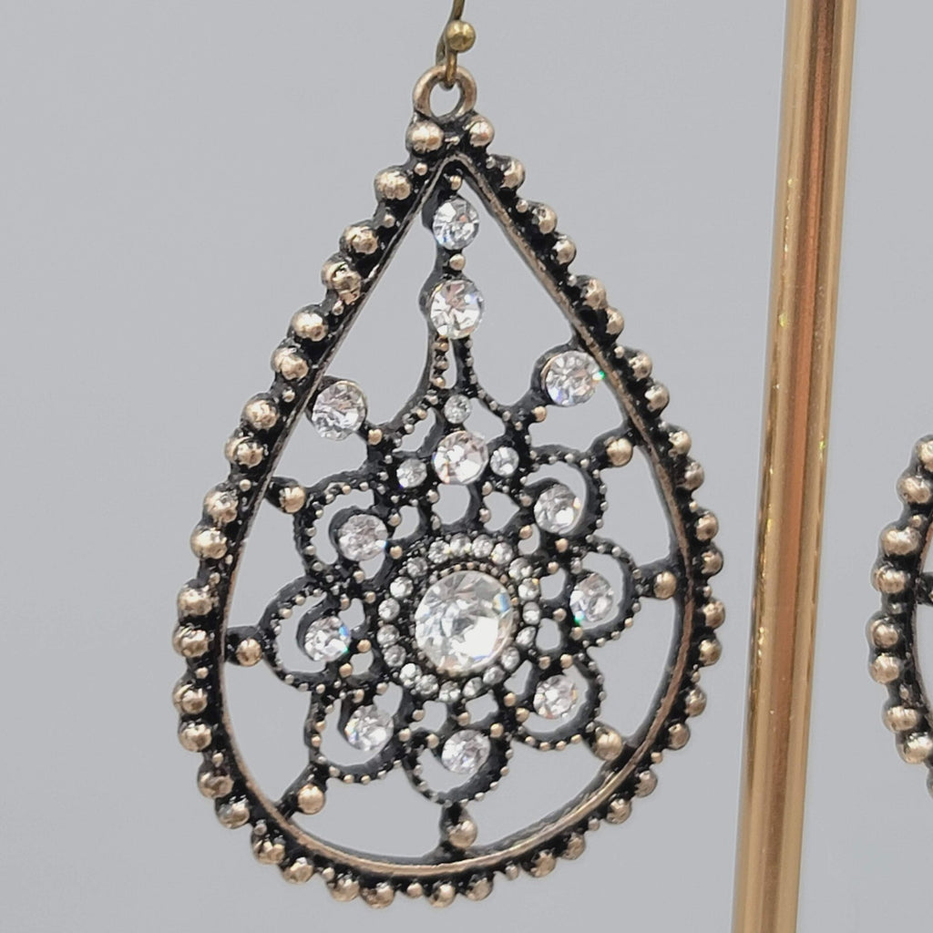 Teardrop Pierced Earrings Bronze tone Rhinestone Dangle 2"