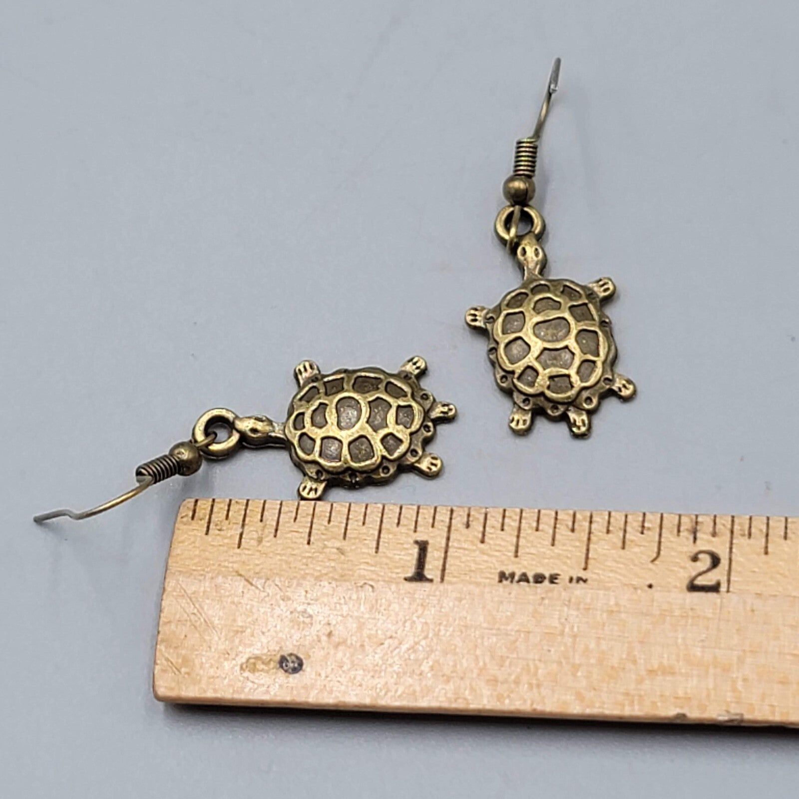 New Turtle Pierced Earrings Bronze tone Embossed Dangle 1"