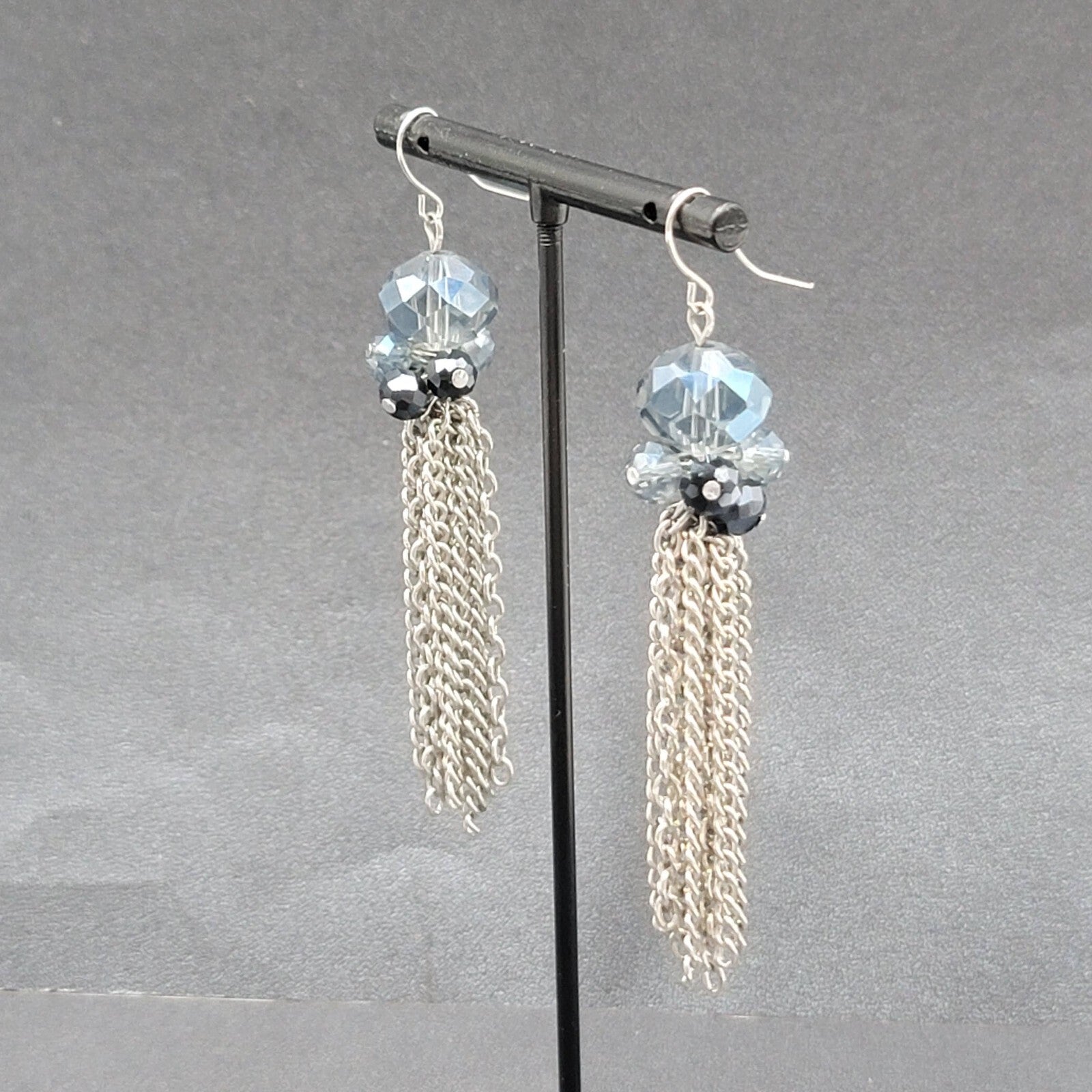Pierced Earrings Silver tone Blue Faceted Glass Bead 3"