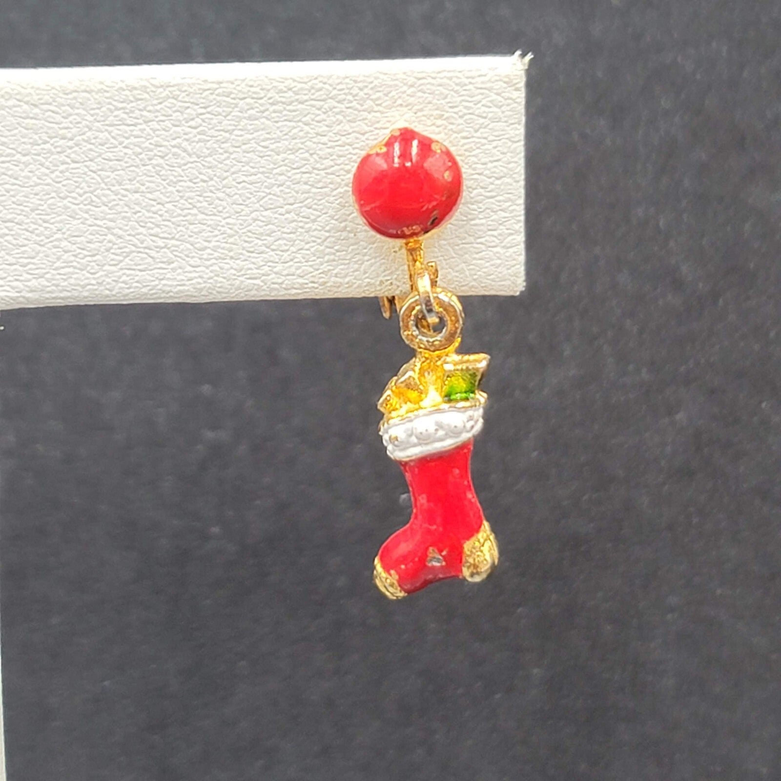 Vintage Christmas Clip on Earrings Gold tone Enamel Stocking Dangle 1"
