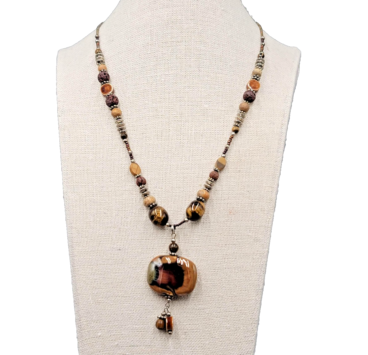 Boho Brown Pottery and Glass Bead Necklace Silver tone 20"