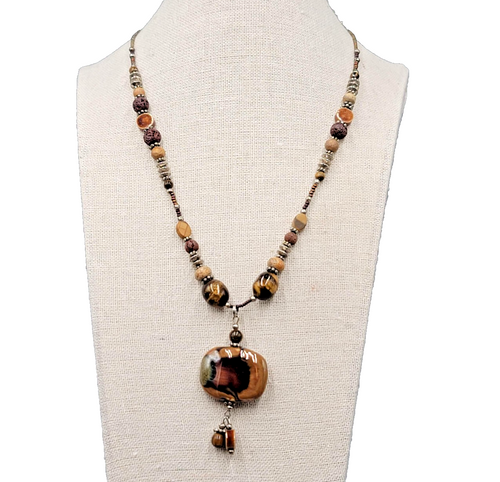 Boho Brown Pottery and Glass Bead Necklace Silver tone 20"