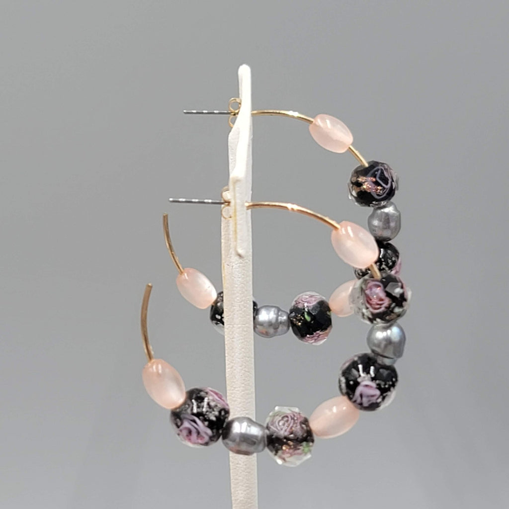 Hoops Black Pink Roses Art Glass Beads Pierced Earrings 1.75 in