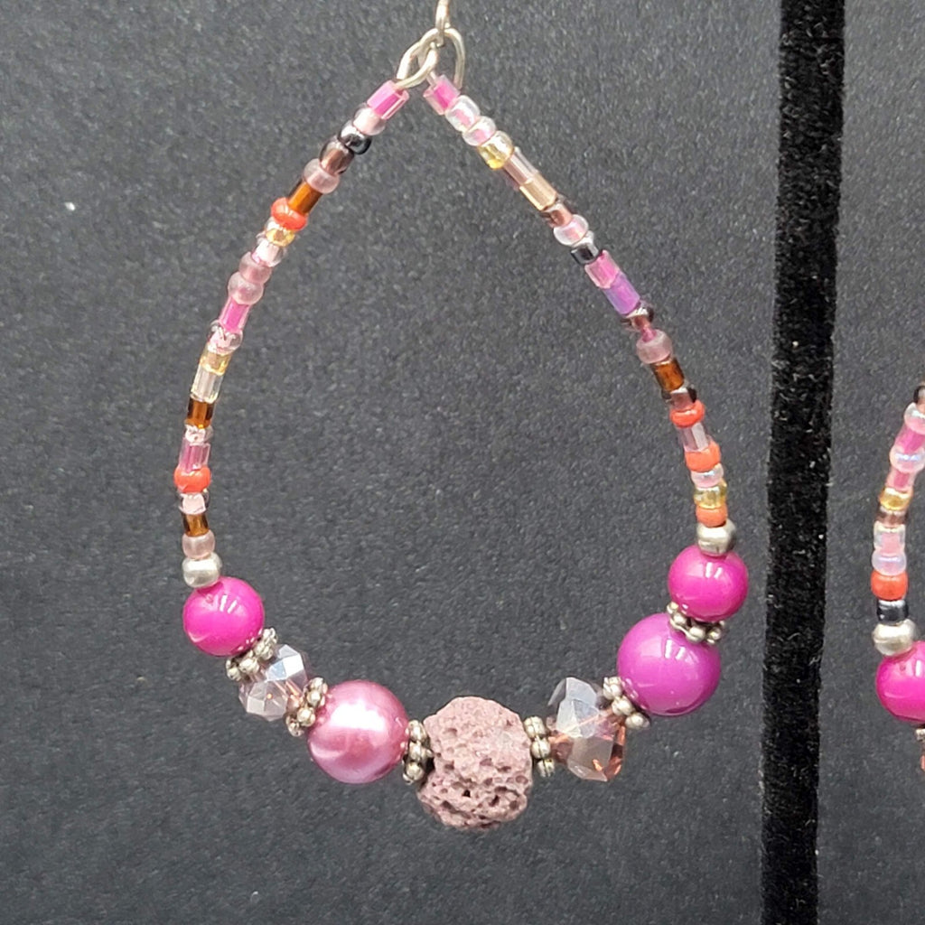 Pierced Earrings Purple Beaded Teardrop Hoops  2.5"