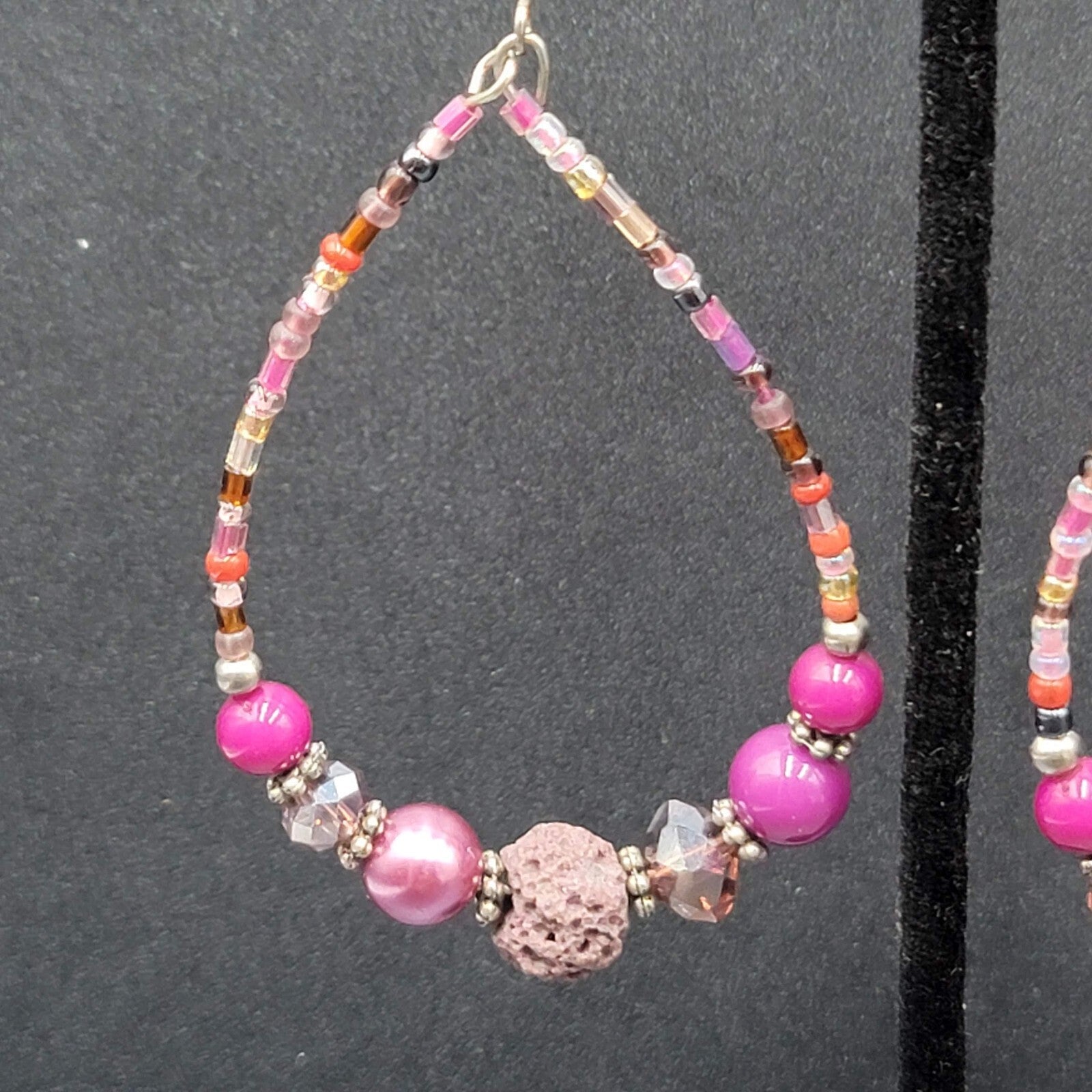 Pierced Earrings Purple Beaded Teardrop Hoops  2.5"