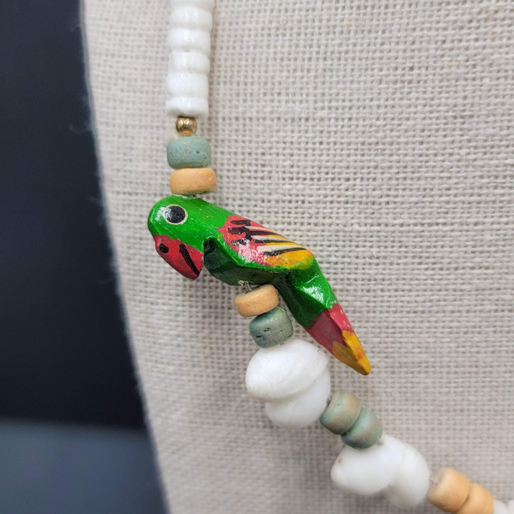 Vintage Shell Necklace Wood Hand Painted Parrot Beads 18"