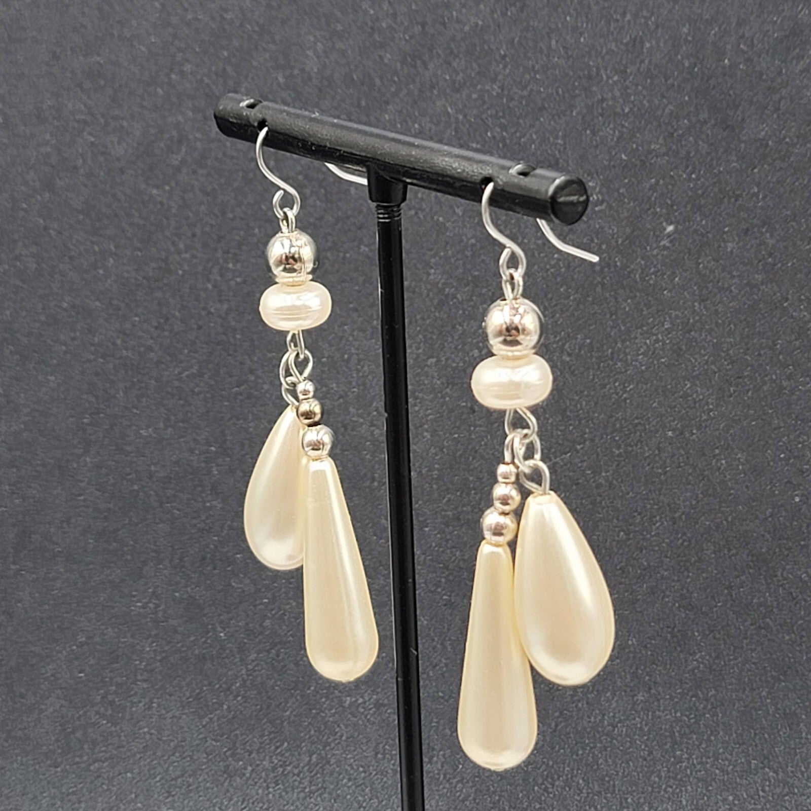 Pierced Earrings Silver tone White Teardrop Bead Dangle 2"