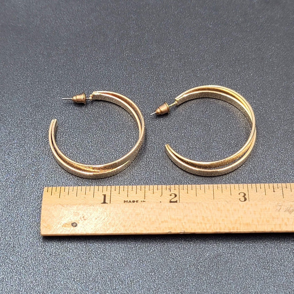 Pierced Earrings Gold tone Textured Double Hoops 1.5"