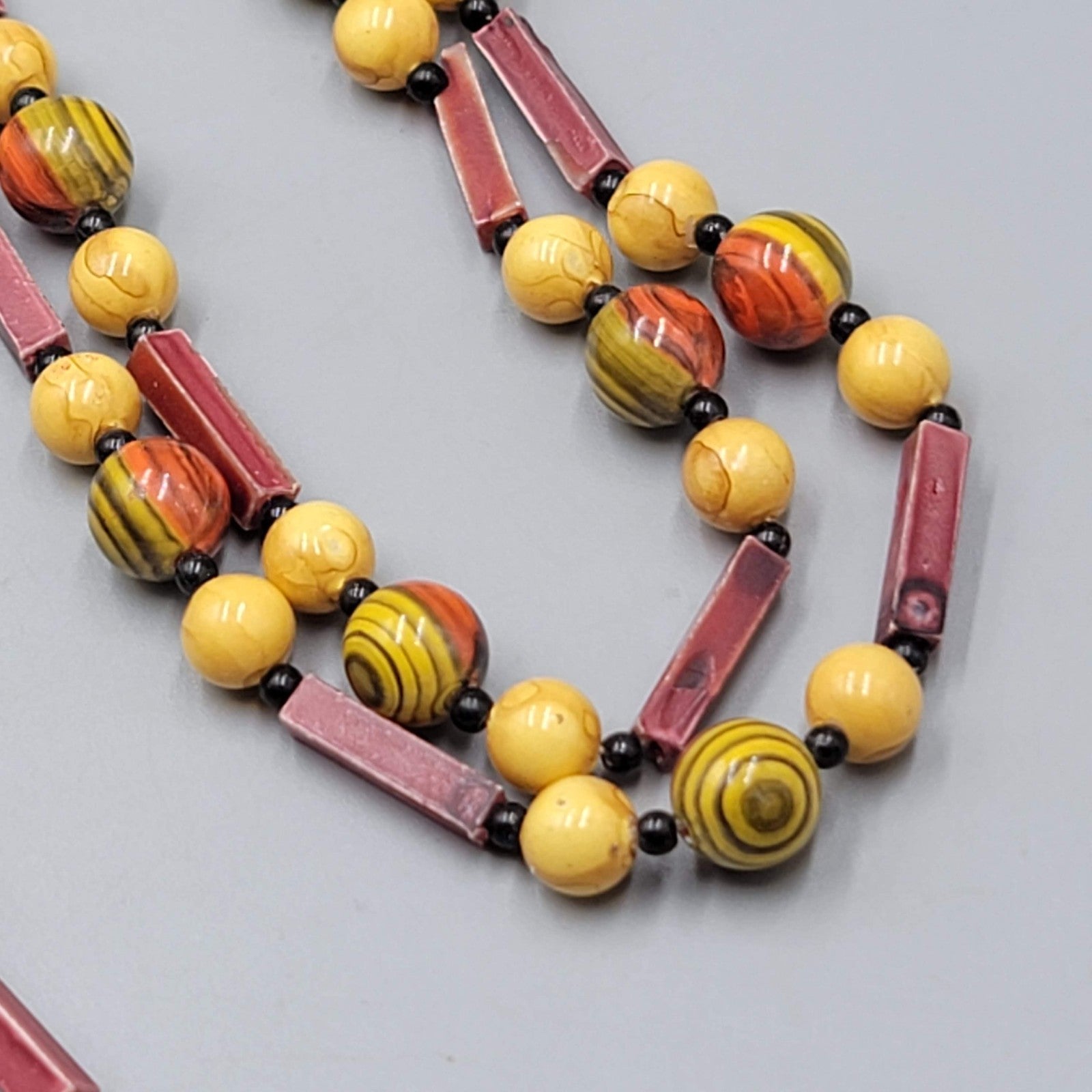 Vintage Extra Long Red Yellow Bead Necklace 52 in