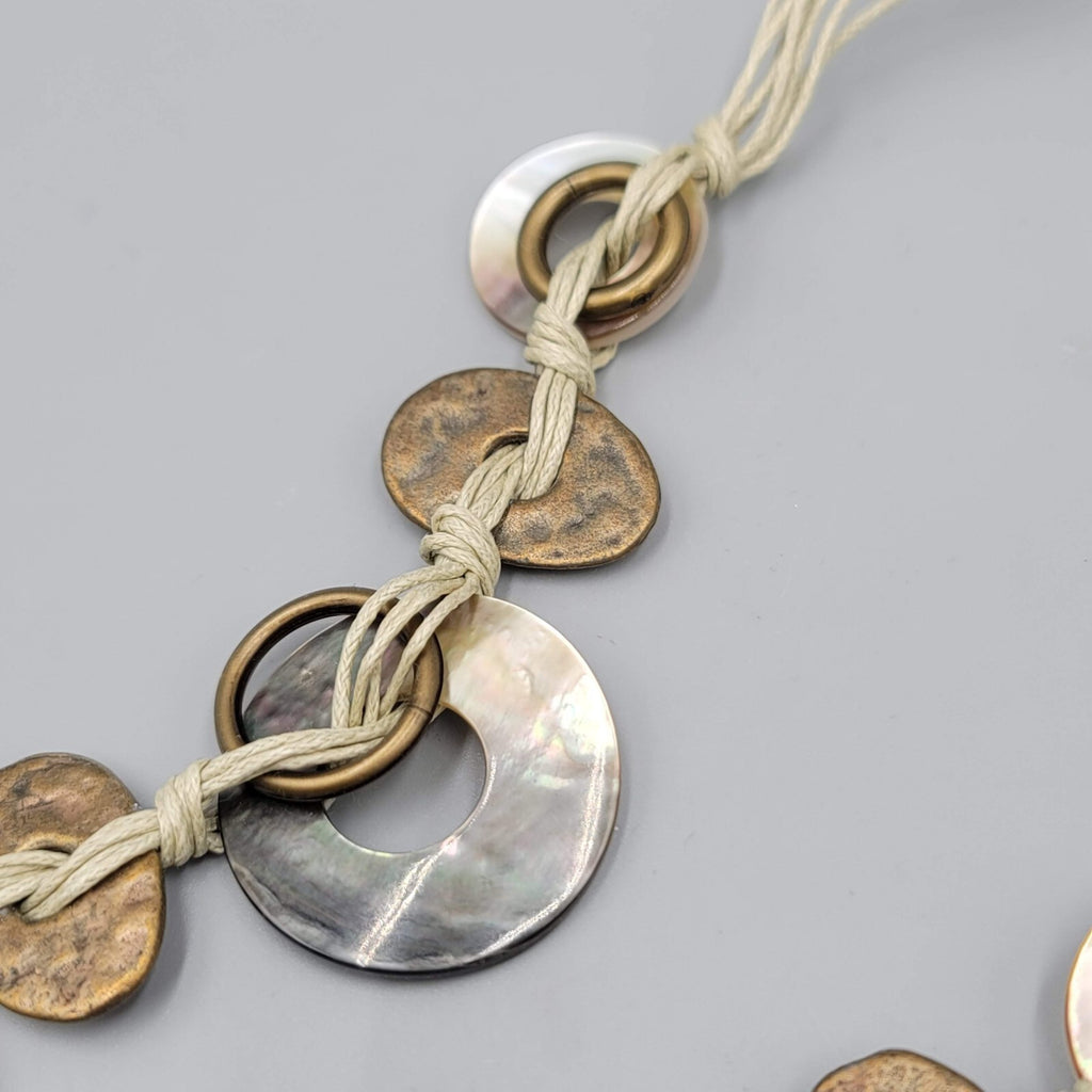 Shell Disc Necklace Cord Long Statement Bronze tone 32"