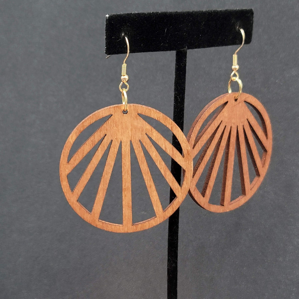 Pierced Earrings Laser Cut Boho Round Wood Dangle Gold tone 2"