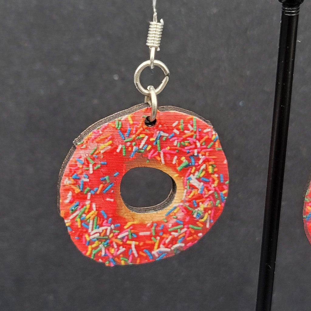 Pierced Earrings Pink Sprinkle Donuts Wood Dangle 1"