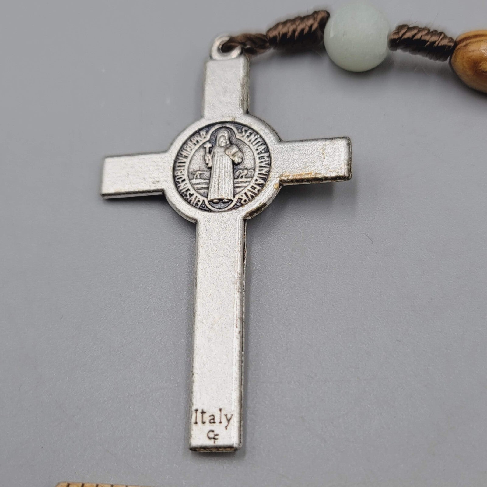 Catholic Rosary Crucifix Wood Beads Silver tone