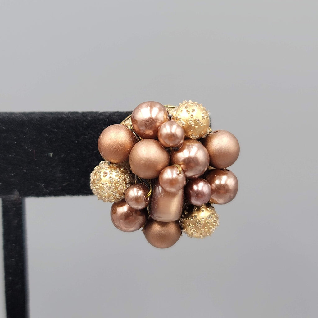 Vintage Japan Clip on Earrings Brown Cluster Bead Gold tone 7/8"