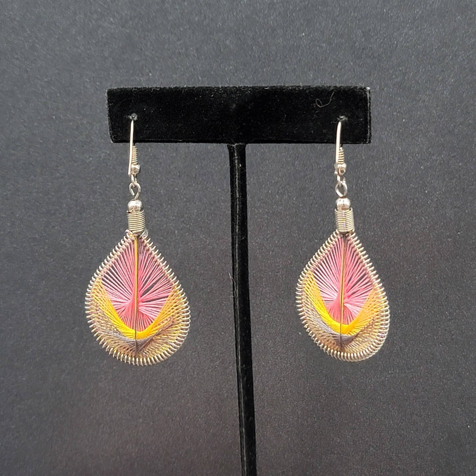 Pierced Earrings Silver tone String Art Yellow Pink Purple Teardrop 2"