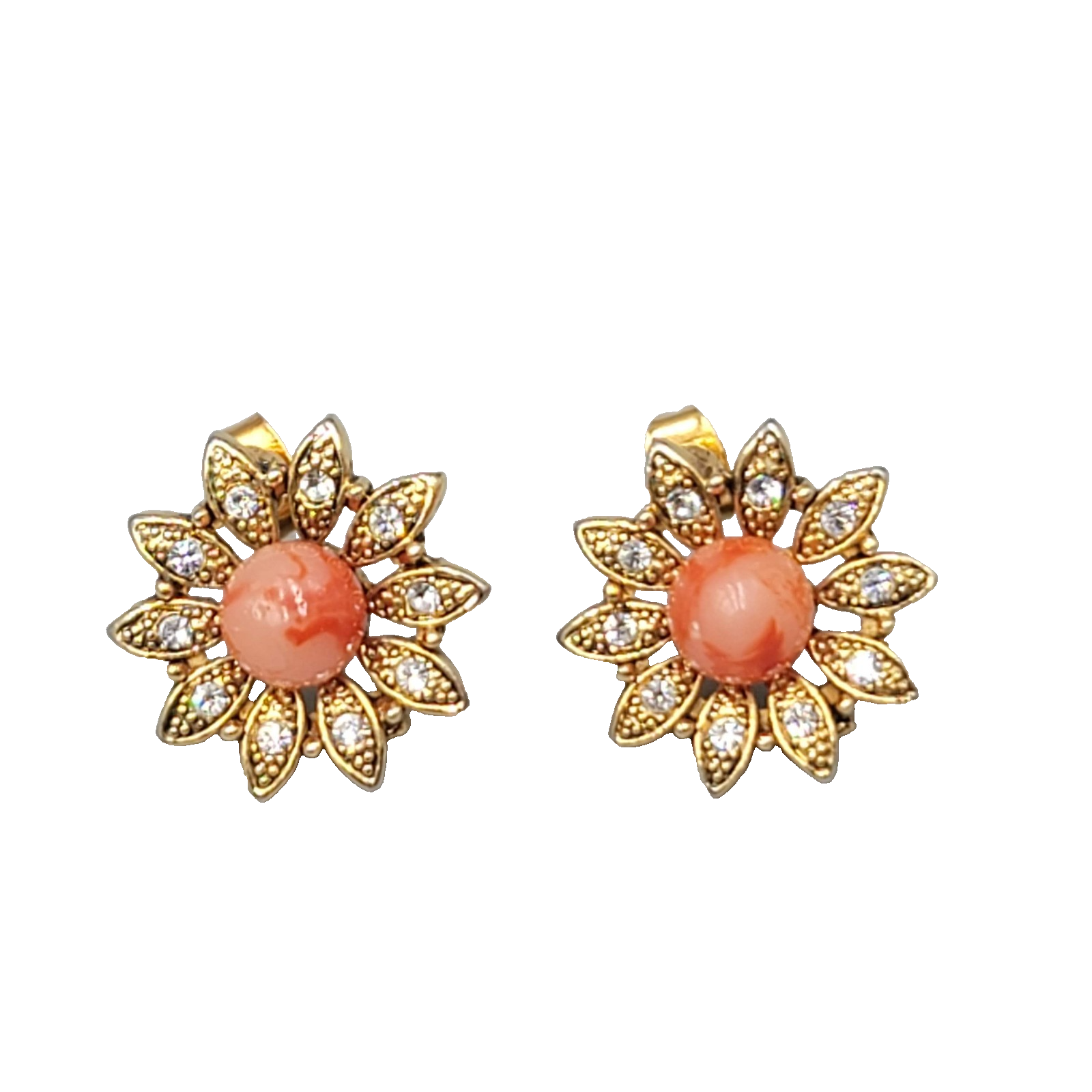 Signed JS Flower Pierced Earrings Gold tone Rhinestone Bead 3/4"