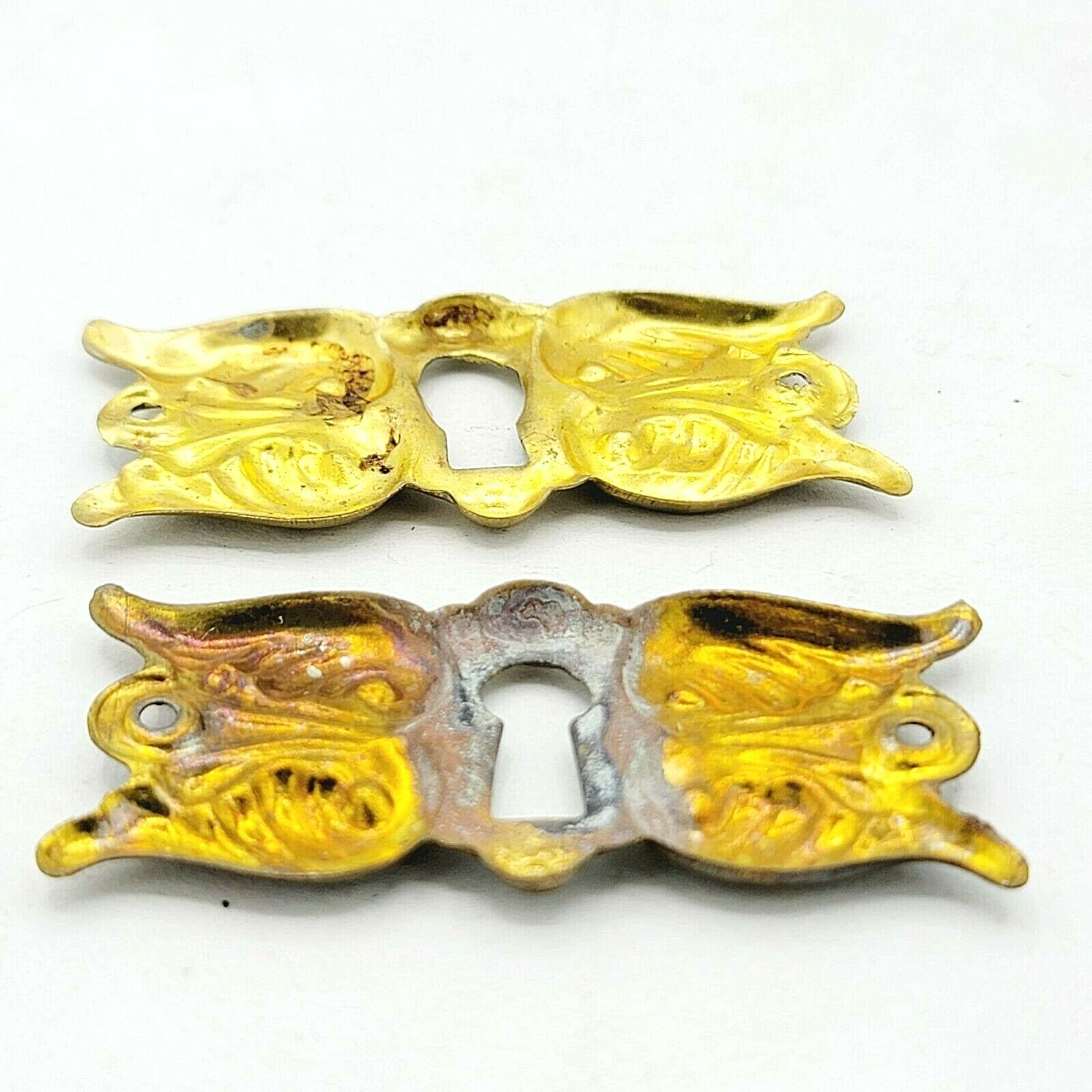 Vintage Ornate Brass Skeleton Key hole Escutcheon Lot of 2 Hardware 2 1/4" x 1"