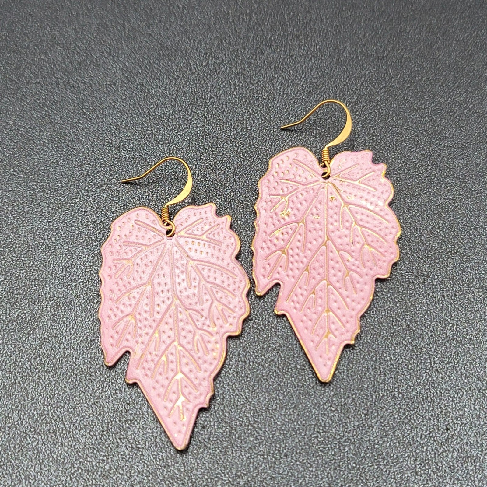 Pierced Earrings Gold tone Large Pink Dangle Leaves Statement 2"