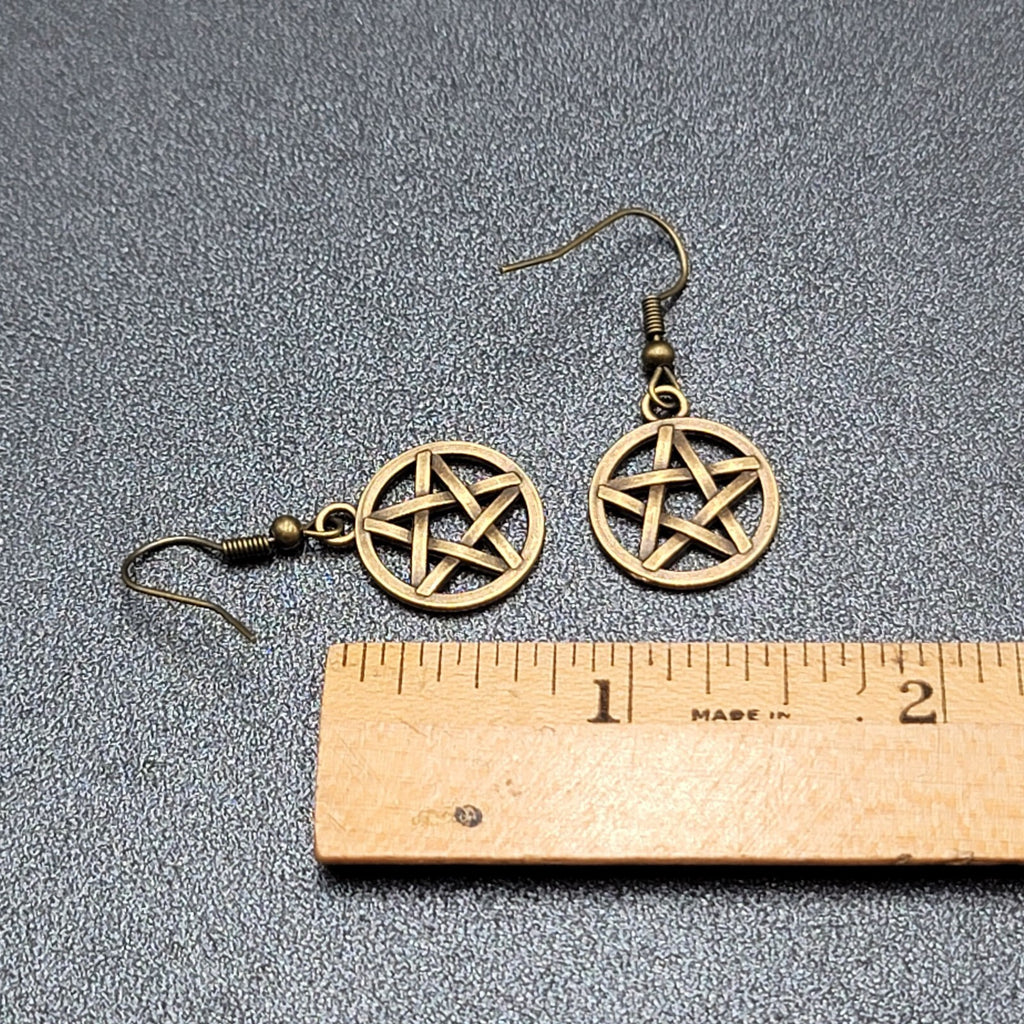 Pierced Earrings Bronze tone Round Pentacle Pentagram Dangle 3/4"