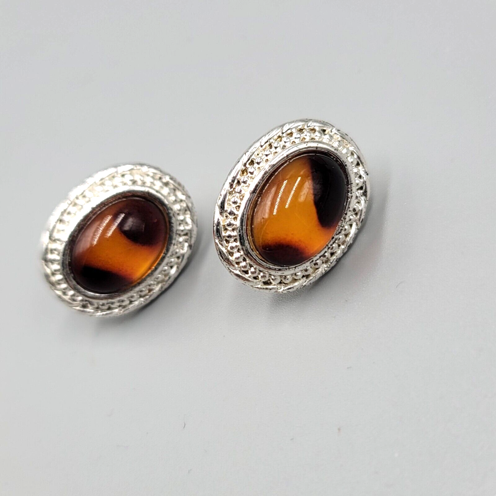 Pierced Earrings Silver tone Acrylic Faux Tortoise Cabochon Oval Drop 3/4"