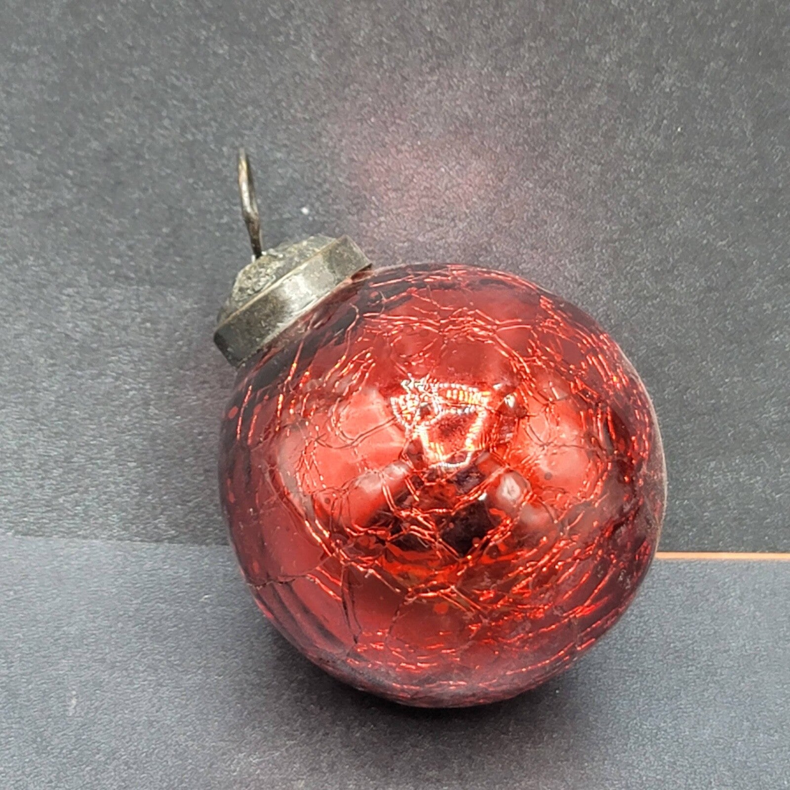 Vintage Kugel Style Red Blown Glass Ball Christmas Ornament Bronze top 2"