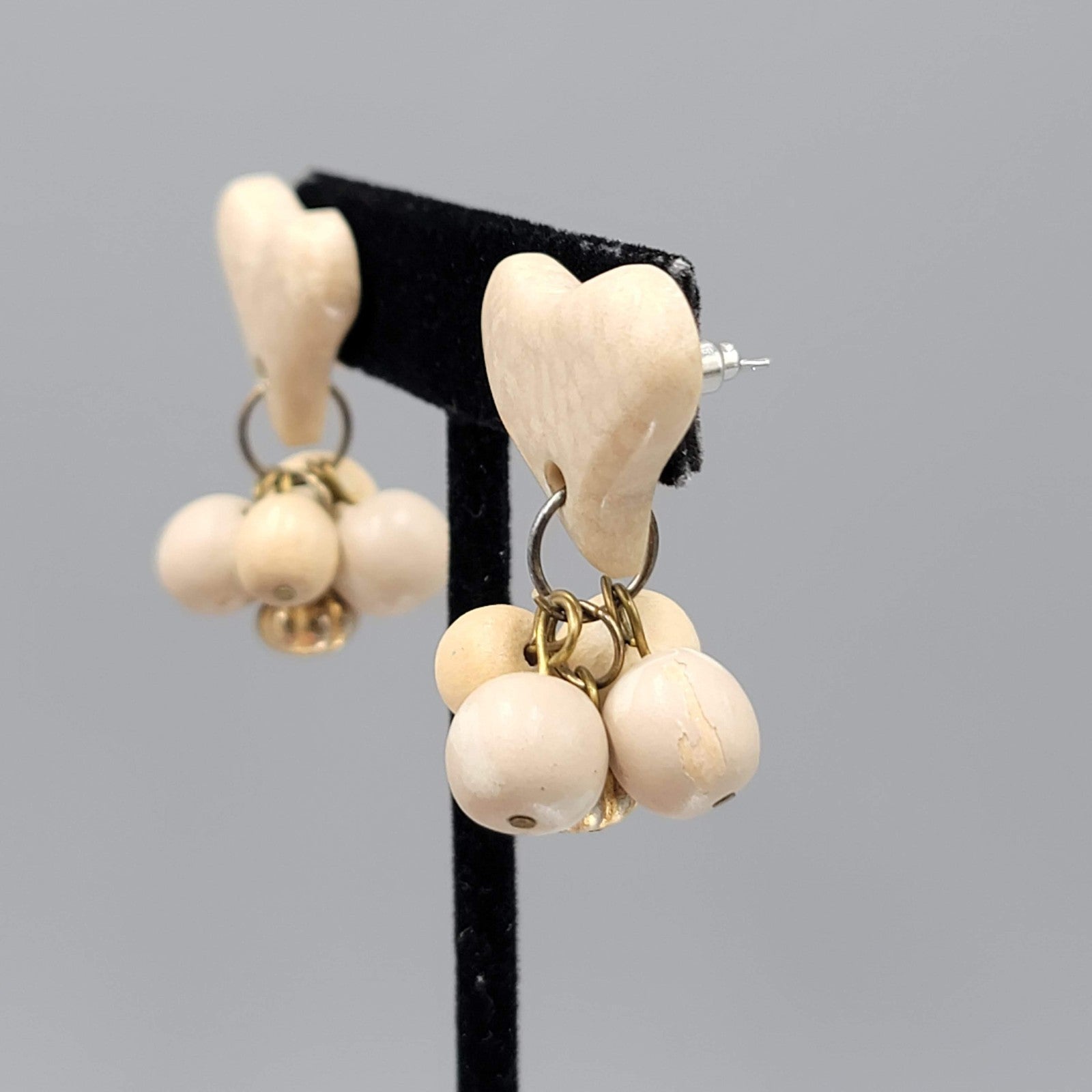 Vintage Heart Bead Pierced Earrings White Stone Dangle 1.5 in