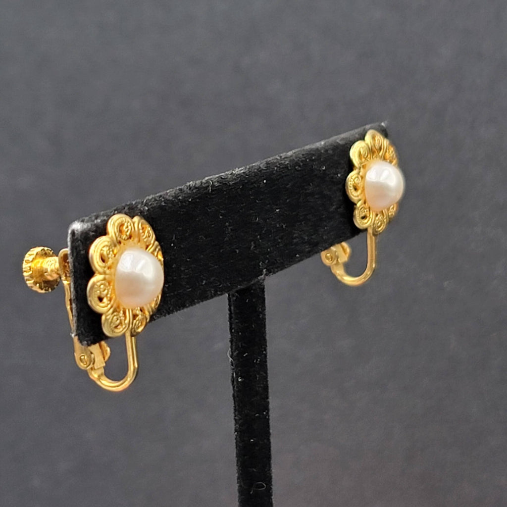 Vintage Clip on Earrings Gold tone Faux Pearl Filigree Flower Studs 1/2"