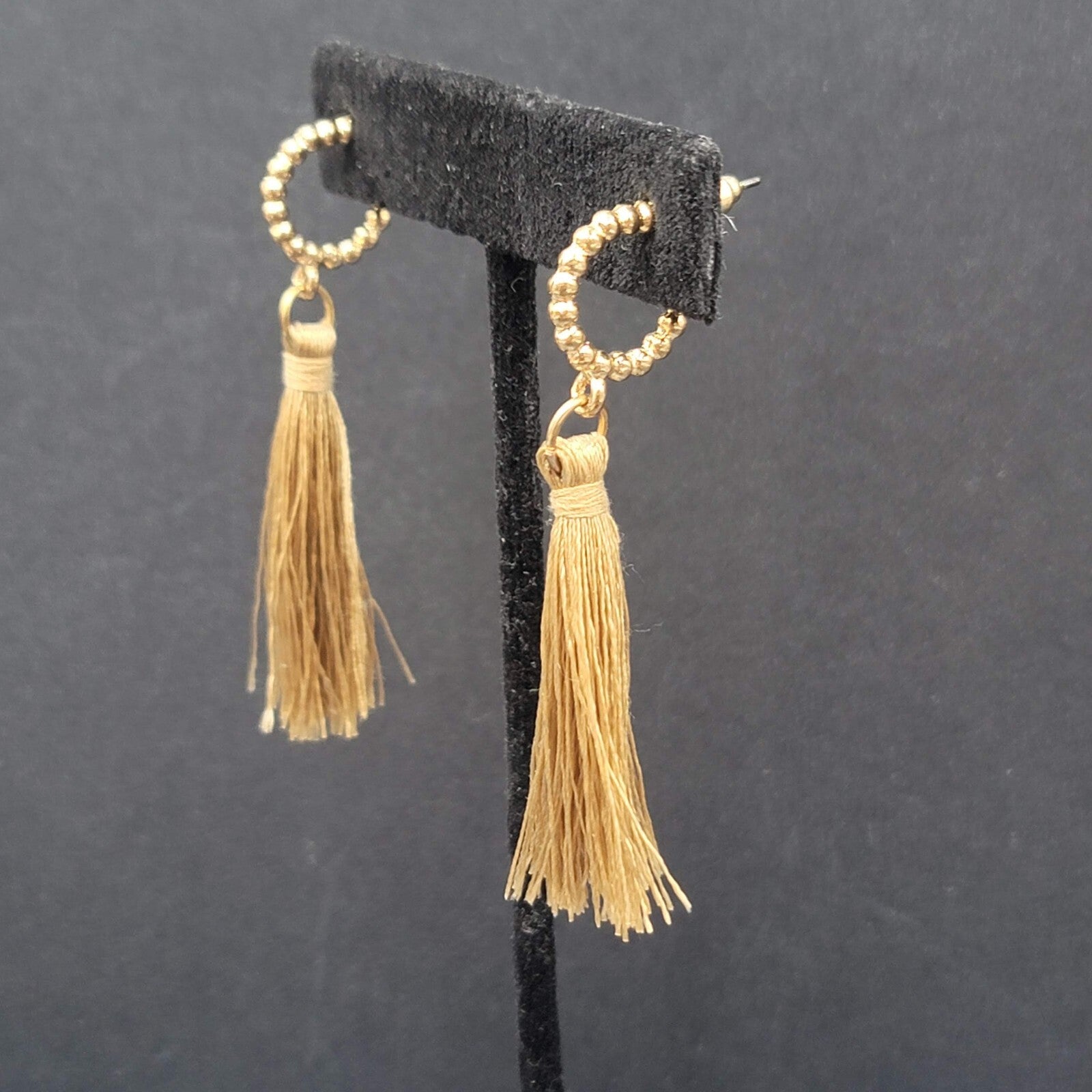 Pierced Earrings Gold Plate Hoops Thread Tassels 2.25"
