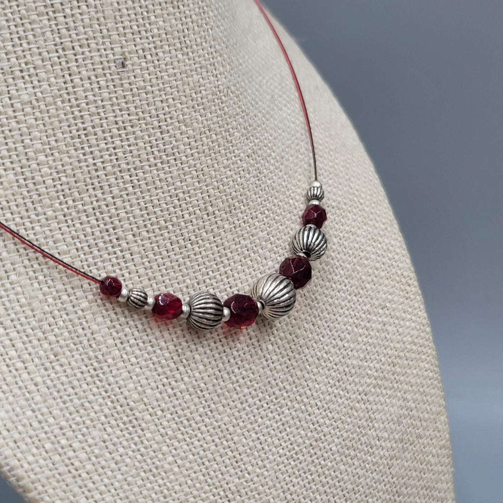 Bead Necklace Silver tone Red Faceted Beads Red Cord 18"