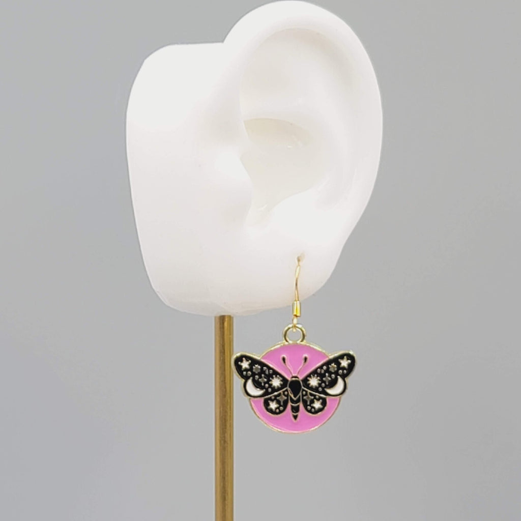 Black Moth Hot Pink Enamel Pierced Earrings Gold tone Dangle Butterfly 7/8"