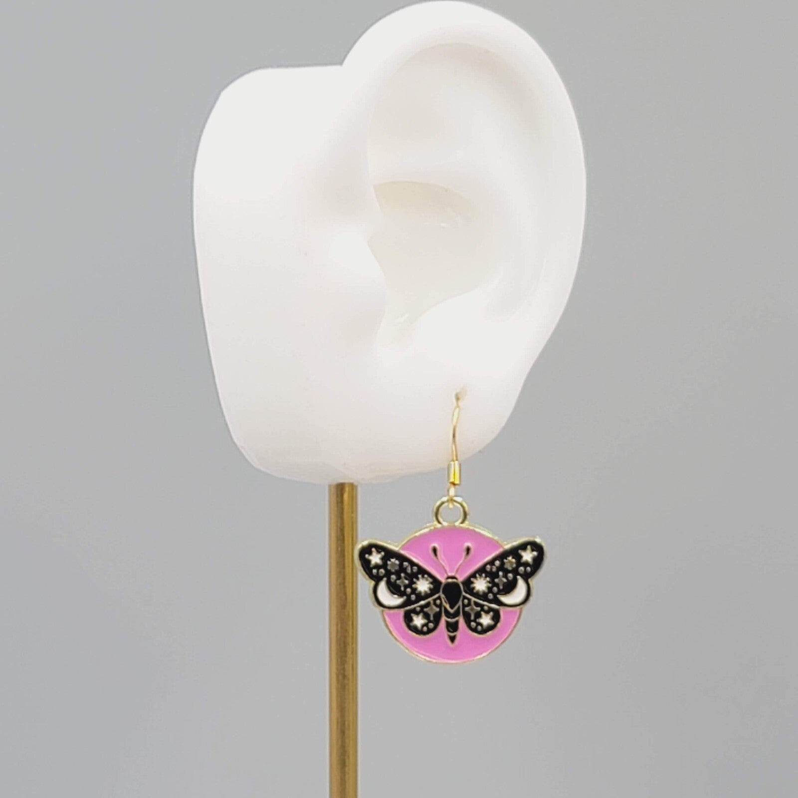 Black Moth Hot Pink Enamel Pierced Earrings Gold tone Dangle Butterfly 7/8"