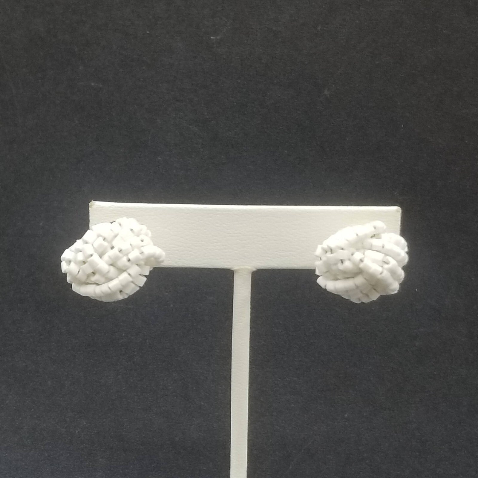 Vintage Pierced Earrings White Beaded Cluster Knot Stud 5/8"