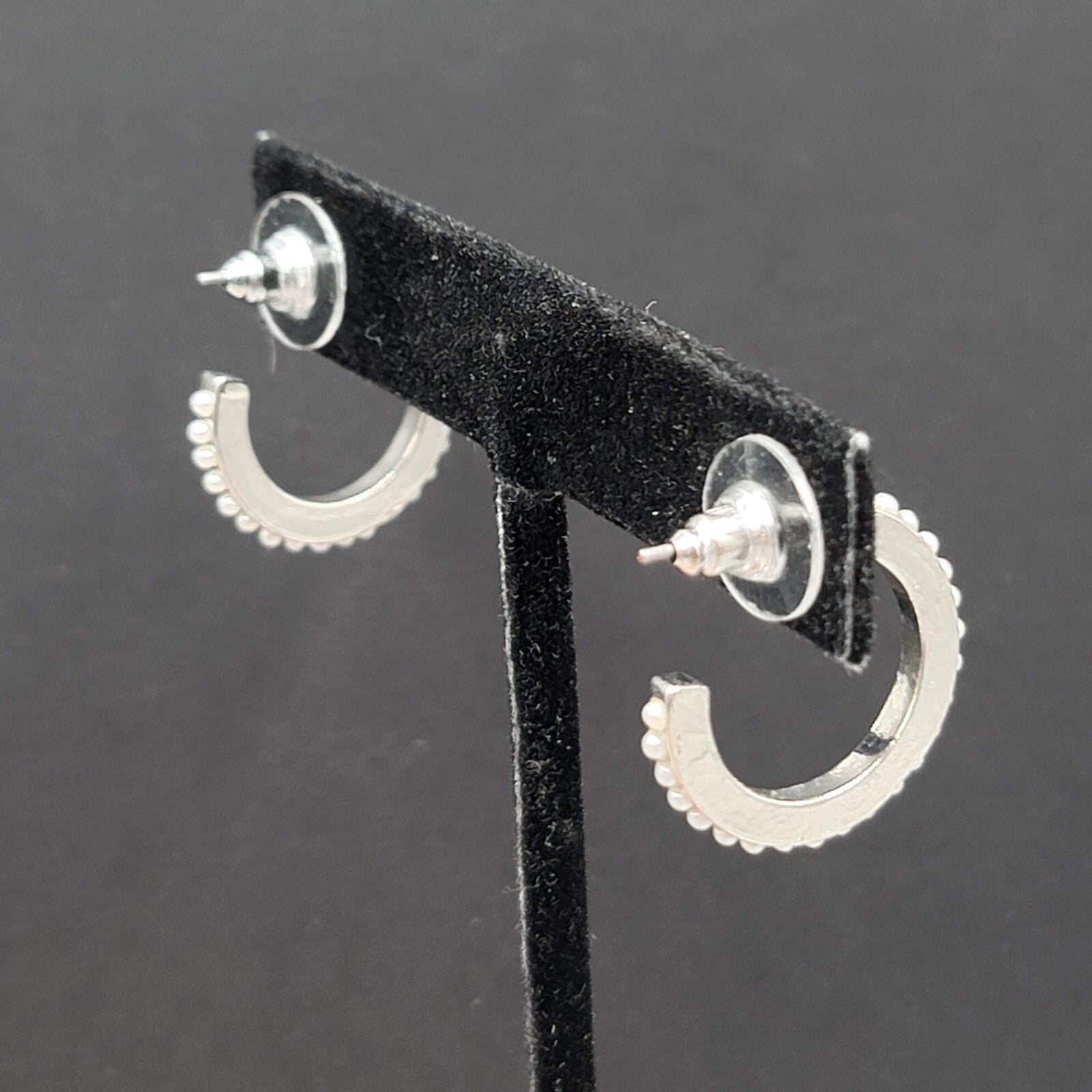 Pierced Earrings Silver tone White Beaded Hoops 3/4"
